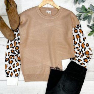 Round Neck Animal Print Sleeve Detail Sweater - CAMEL